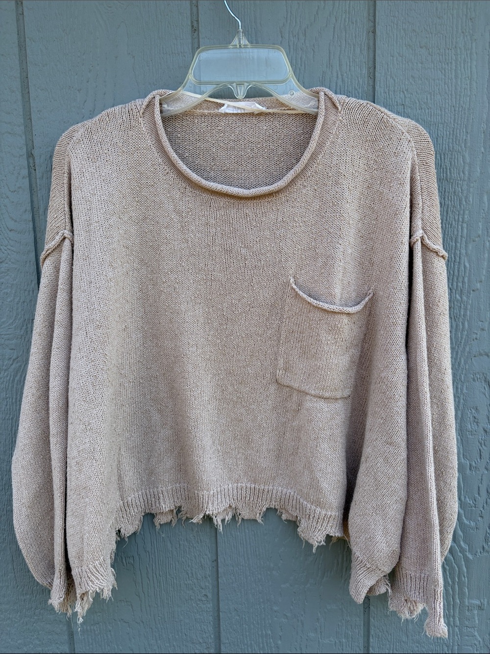 Roll Neck Boho Grunge Retro Cropped Womens Sweater Tan Raw/Frayed Hems Cuffs SM